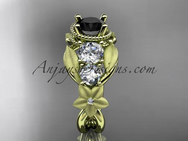 14kt yellow gold diamond floral, leaf and vine wedding ring, engagement ring with Black Diamond center stone ADLR69 - AnjaysDesigns