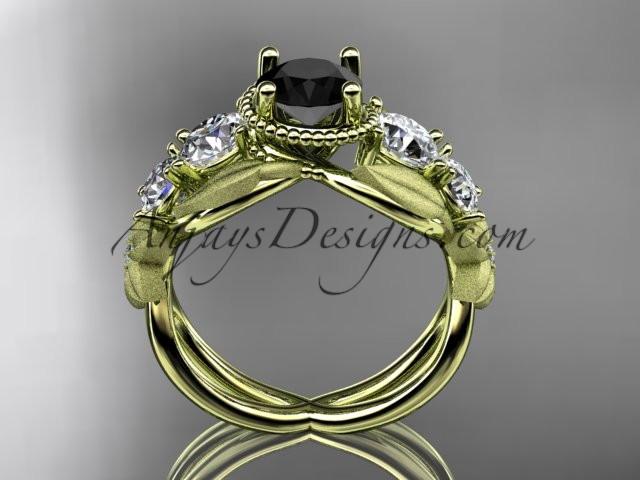 14kt yellow gold diamond floral, leaf and vine wedding ring, engagement ring with Black Diamond center stone ADLR69 - AnjaysDesigns