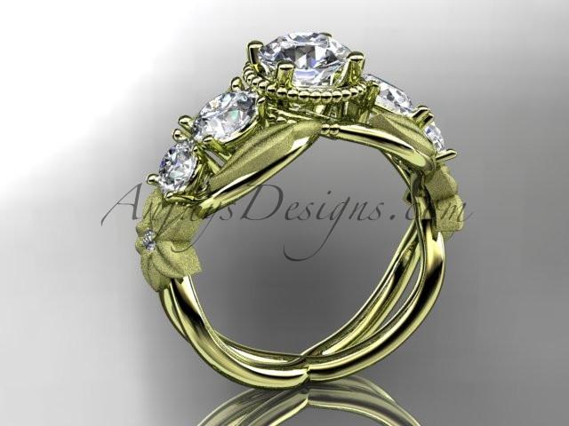14kt yellow gold diamond floral, leaf and vine wedding ring, engagement ring with "Forever One" Moissanite center stone ADLR69 - AnjaysDesigns
