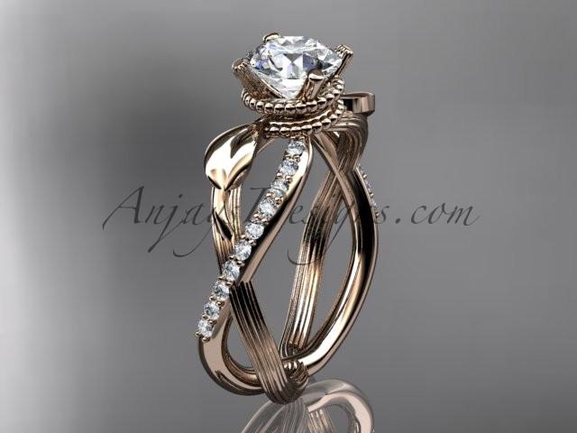 14kt rose gold diamond leaf and vine wedding ring, engagement ring with "Forever One" Moissanite center stone ADLR70 - AnjaysDesigns