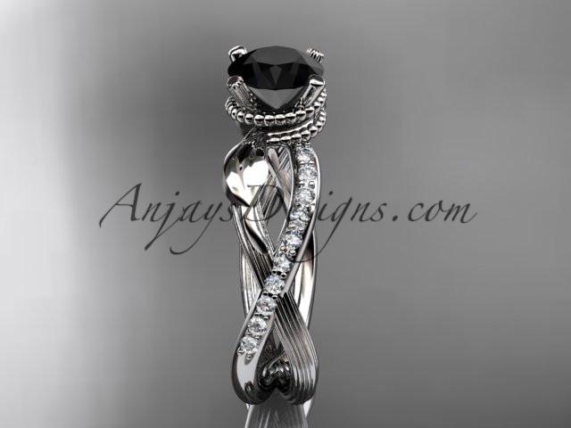 platinum diamond leaf and vine wedding ring, engagement ring with Black Diamond center stone ADLR70 - AnjaysDesigns