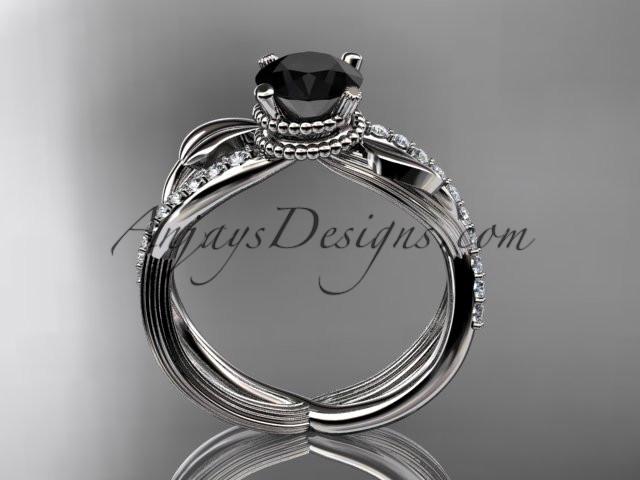 platinum diamond leaf and vine wedding ring, engagement ring with Black Diamond center stone ADLR70 - AnjaysDesigns