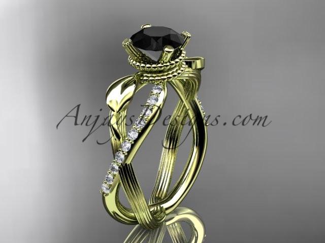 14kt yellow gold diamond leaf and vine wedding ring, engagement ring with Black Diamond center stone ADLR70 - AnjaysDesigns