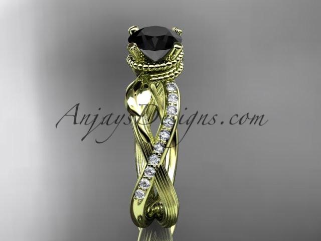 14kt yellow gold diamond leaf and vine wedding ring, engagement ring with Black Diamond center stone ADLR70 - AnjaysDesigns