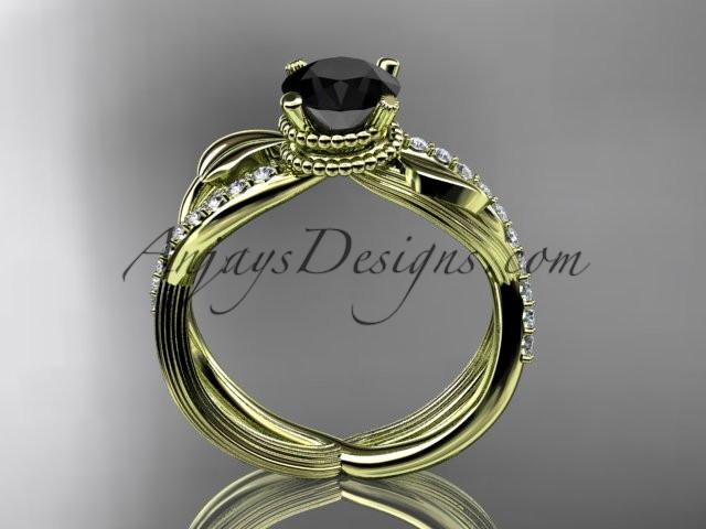 14kt yellow gold diamond leaf and vine wedding ring, engagement ring with Black Diamond center stone ADLR70 - AnjaysDesigns