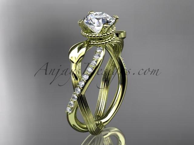 14kt yellow gold diamond leaf and vine wedding ring, engagement ring with "Forever One" Moissanite center stone ADLR70 - AnjaysDesigns