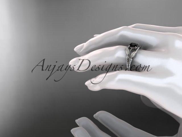 14kt white gold diamond leaf and vine wedding ring, engagement ring with Black Diamond center stone ADLR75 - AnjaysDesigns