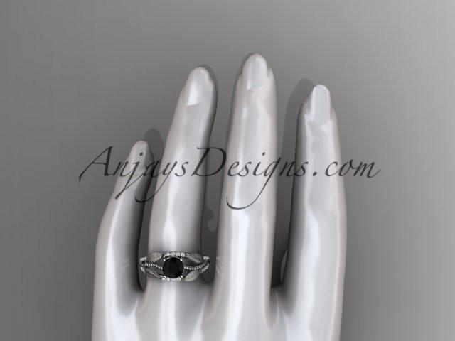 platinum diamond leaf and vine wedding ring, engagement ring with Black Diamond center stone ADLR75 - AnjaysDesigns