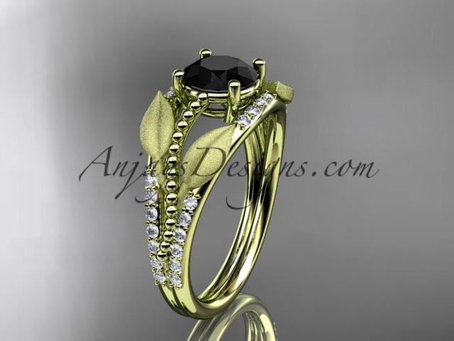 14kt yellow gold diamond leaf and vine wedding ring, engagement ring with Black Diamond center stone ADLR75 - AnjaysDesigns