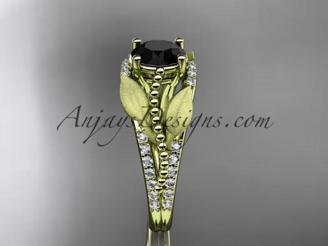 14kt yellow gold diamond leaf and vine wedding ring, engagement ring with Black Diamond center stone ADLR75 - AnjaysDesigns