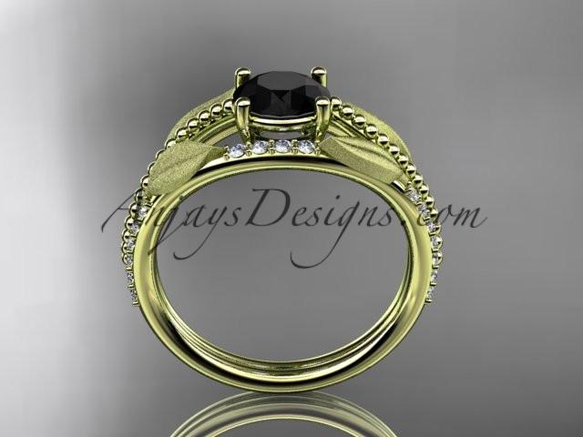 14kt yellow gold diamond leaf and vine wedding ring, engagement ring with Black Diamond center stone ADLR75 - AnjaysDesigns