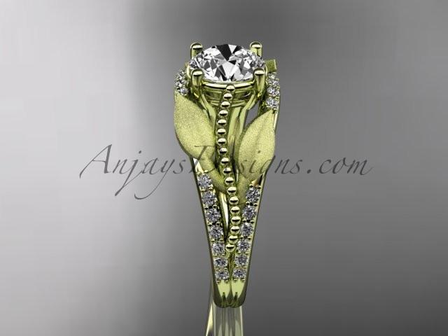 14kt yellow gold diamond leaf and vine wedding ring, engagement ring with "Forever One" Moissanite center stone ADLR75 - AnjaysDesigns
