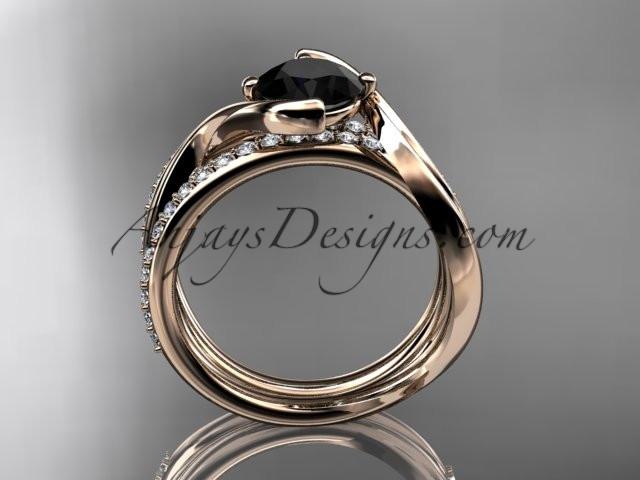 14kt rose gold diamond leaf and vine wedding ring, engagement set with a Black Diamond center stone ADLR78S - AnjaysDesigns