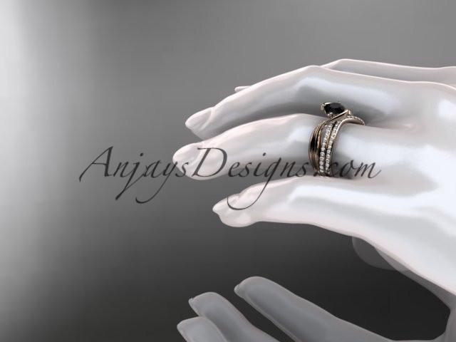 14kt rose gold diamond leaf and vine wedding ring, engagement set with a Black Diamond center stone ADLR78S - AnjaysDesigns