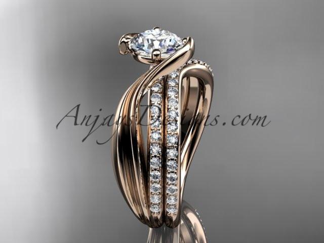 14kt rose gold diamond leaf and vine wedding ring, engagement set with a "Forever One" Moissanite center stone ADLR78S - AnjaysDesigns