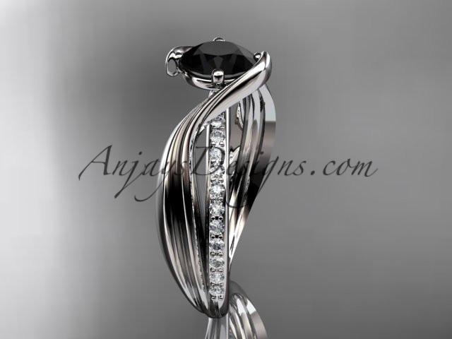 platinum diamond leaf and vine wedding ring, engagement ring with Black Diamond center stone ADLR78 - AnjaysDesigns