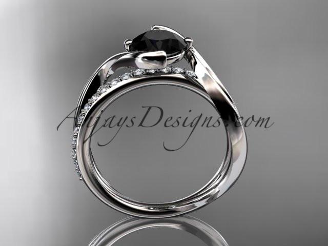 platinum diamond leaf and vine wedding ring, engagement ring with Black Diamond center stone ADLR78 - AnjaysDesigns