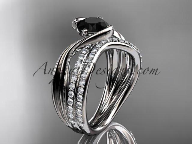 14kt white gold diamond leaf and vine wedding ring, engagement set with a Black Diamond center stone ADLR78S - AnjaysDesigns