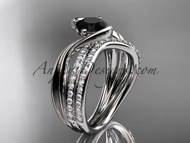 platinum diamond leaf and vine wedding ring, engagement set with a Black Diamond center stone ADLR78S - AnjaysDesigns