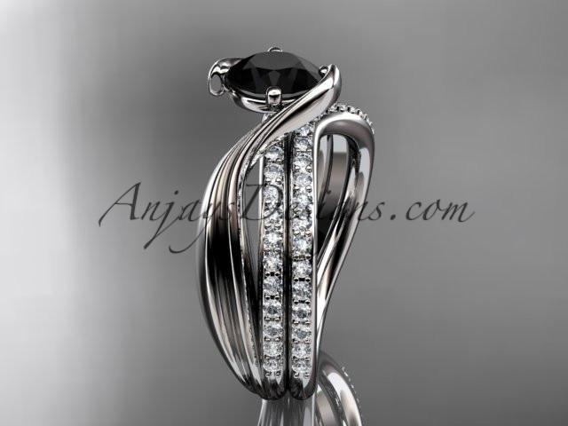 14kt white gold diamond leaf and vine wedding ring, engagement set with a Black Diamond center stone ADLR78S - AnjaysDesigns