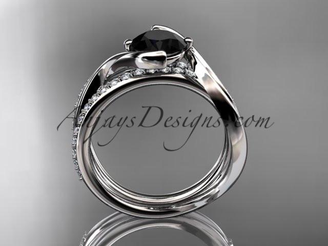 14kt white gold diamond leaf and vine wedding ring, engagement set with a Black Diamond center stone ADLR78S - AnjaysDesigns