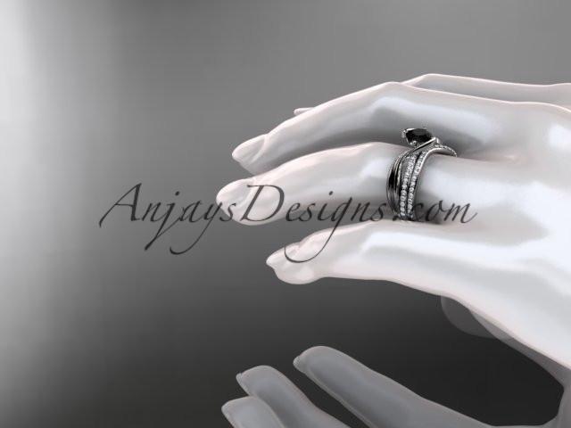 platinum diamond leaf and vine wedding ring, engagement set with a Black Diamond center stone ADLR78S - AnjaysDesigns