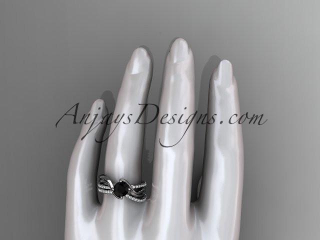 14kt white gold diamond leaf and vine wedding ring, engagement set with a Black Diamond center stone ADLR78S - AnjaysDesigns