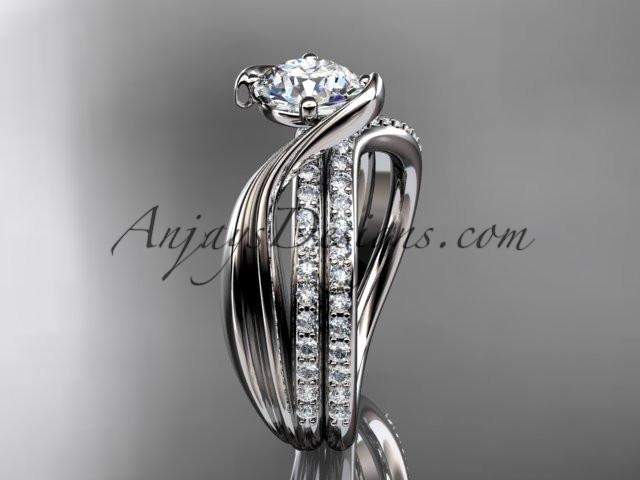 platinum diamond leaf and vine wedding ring, engagement set with a "Forever One" Moissanite center stone ADLR78S - AnjaysDesigns