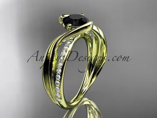 14kt yellow gold diamond leaf and vine wedding ring, engagement ring with Black Diamond center stone ADLR78 - AnjaysDesigns