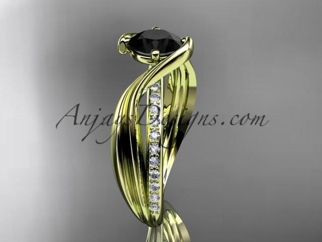 14kt yellow gold diamond leaf and vine wedding ring, engagement ring with Black Diamond center stone ADLR78 - AnjaysDesigns