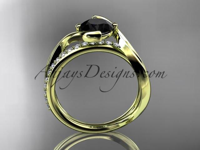 14kt yellow gold diamond leaf and vine wedding ring, engagement ring with Black Diamond center stone ADLR78 - AnjaysDesigns
