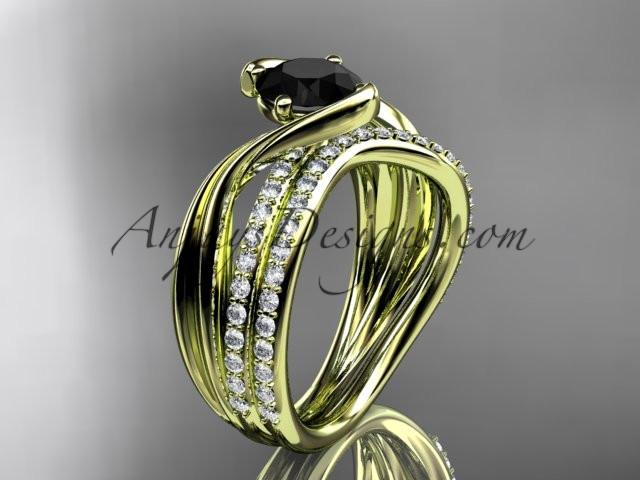 14kt yellow gold diamond leaf and vine wedding ring, engagement set with a Black Diamond center stone ADLR78S - AnjaysDesigns