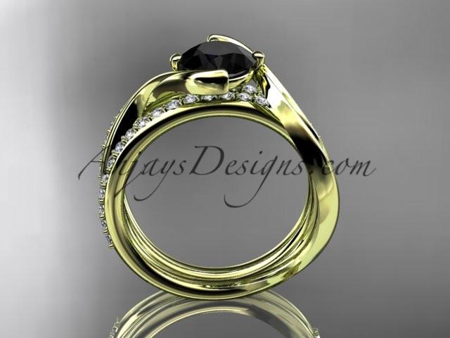 14kt yellow gold diamond leaf and vine wedding ring, engagement set with a Black Diamond center stone ADLR78S - AnjaysDesigns
