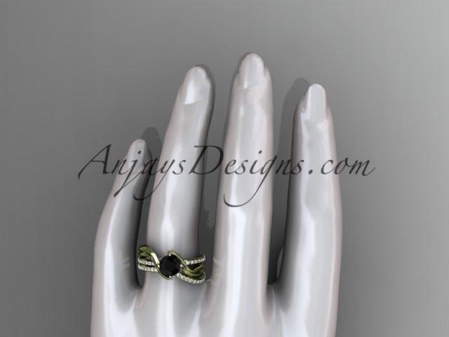 14kt yellow gold diamond leaf and vine wedding ring, engagement set with a Black Diamond center stone ADLR78S - AnjaysDesigns