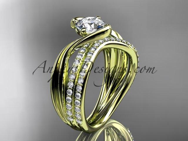 14kt yellow gold diamond leaf and vine wedding ring, engagement set with a "Forever One" Moissanite center stone ADLR78S - AnjaysDesigns