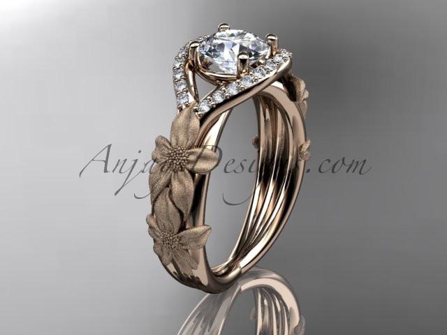 14kt rose gold diamond leaf and vine wedding ring, engagement ring with "Forever One" Moissanite center stone ADLR85 - AnjaysDesigns