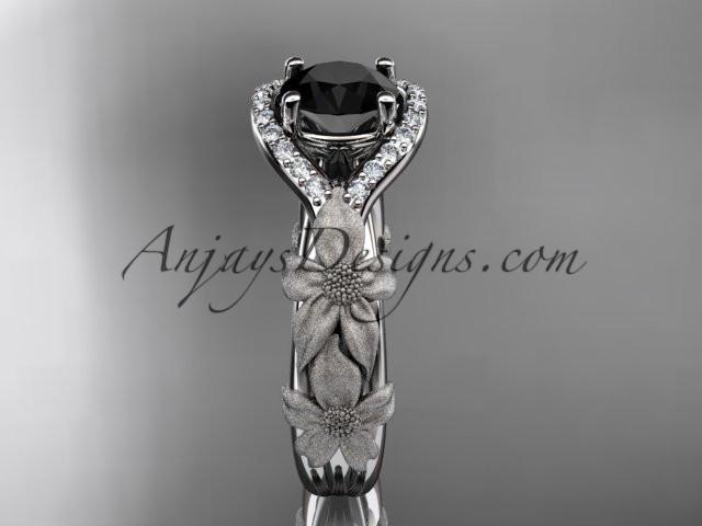 14kt white gold diamond leaf and vine wedding ring, engagement ring with Black Diamond center stone ADLR85 - AnjaysDesigns