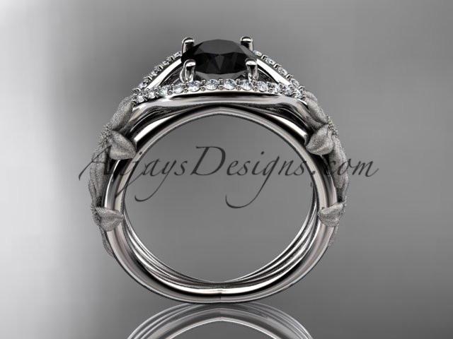 14kt white gold diamond leaf and vine wedding ring, engagement ring with Black Diamond center stone ADLR85 - AnjaysDesigns