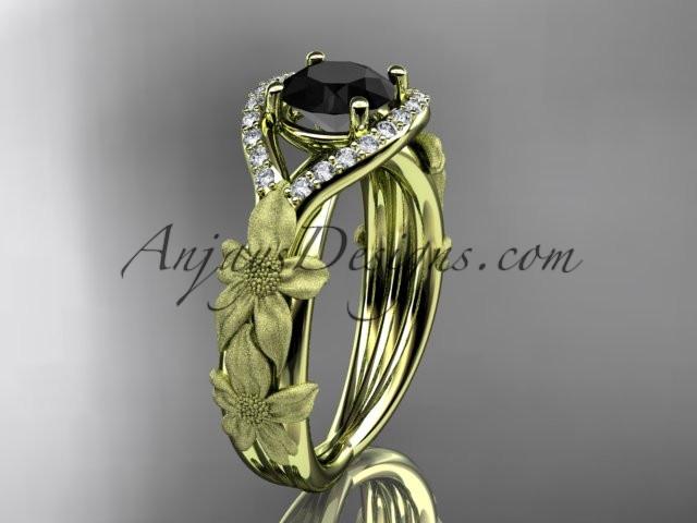 14kt yellow gold diamond leaf and vine wedding ring, engagement ring with Black Diamond center stone ADLR85 - AnjaysDesigns