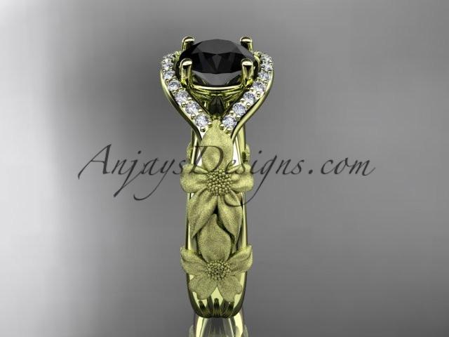 14kt yellow gold diamond leaf and vine wedding ring, engagement ring with Black Diamond center stone ADLR85 - AnjaysDesigns