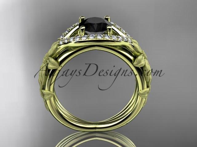 14kt yellow gold diamond leaf and vine wedding ring, engagement ring with Black Diamond center stone ADLR85 - AnjaysDesigns