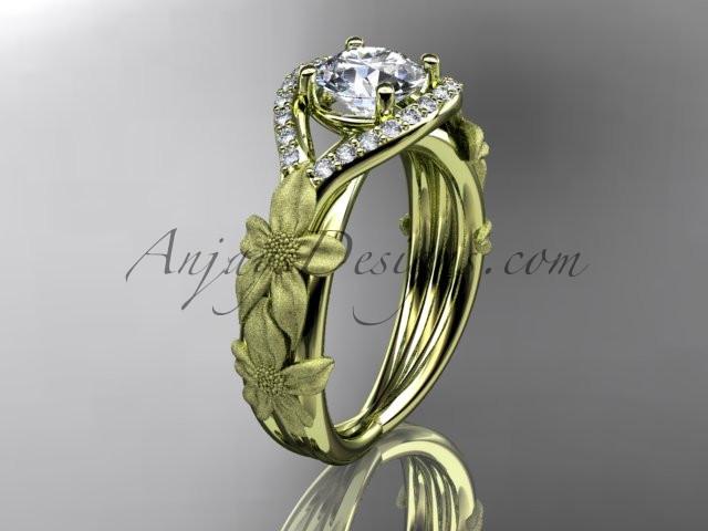 14kt yellow gold diamond leaf and vine wedding ring, engagement ring with "Forever One" Moissanite center stone ADLR85 - AnjaysDesigns