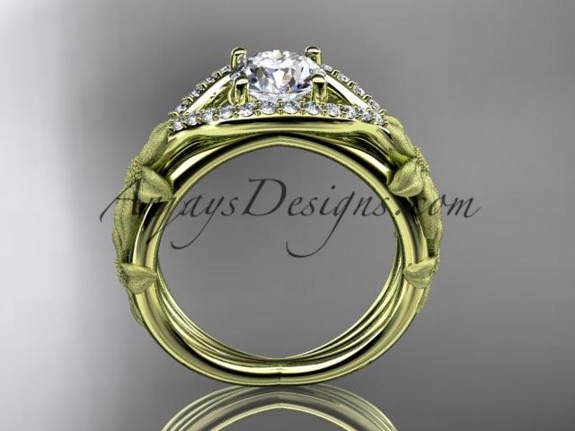 14kt yellow gold diamond leaf and vine wedding ring, engagement ring with "Forever One" Moissanite center stone ADLR85 - AnjaysDesigns