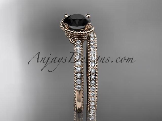 14kt rose gold diamond unique engagement set, wedding ring with Black Diamond center stone ADER86S - AnjaysDesigns