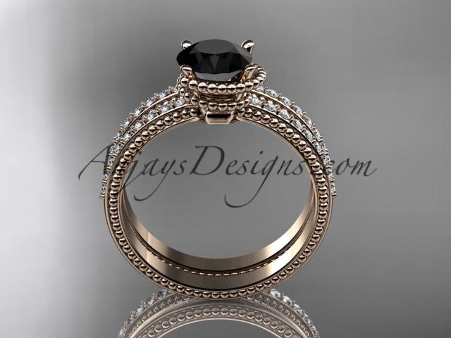 14kt rose gold diamond unique engagement set, wedding ring with Black Diamond center stone ADER86S - AnjaysDesigns