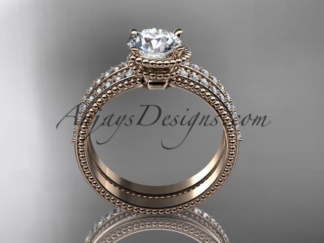 14kt rose gold diamond unique engagement set, wedding ring with "Forever One" Moissanite center stone ADER86S - AnjaysDesigns