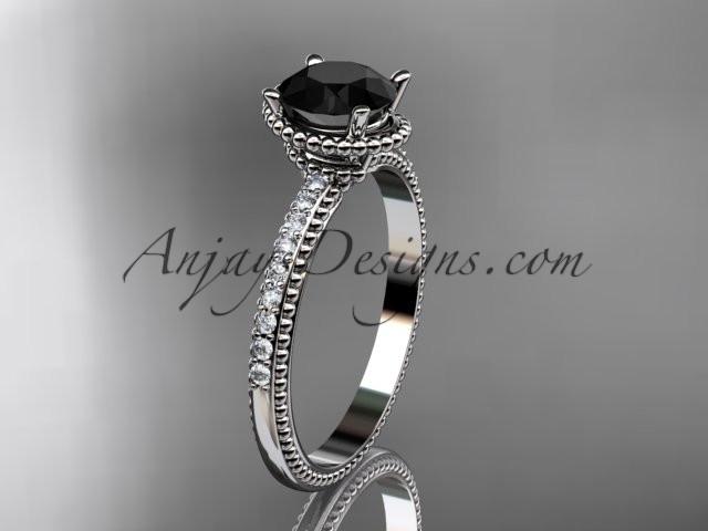14kt white gold diamond unique engagement ring, wedding ring with Black Diamond center stone ADER86 - AnjaysDesigns
