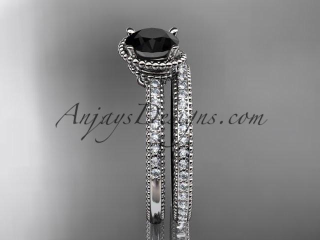 14kt white gold diamond unique engagement set, wedding ring with Black Diamond center stone ADER86S - AnjaysDesigns