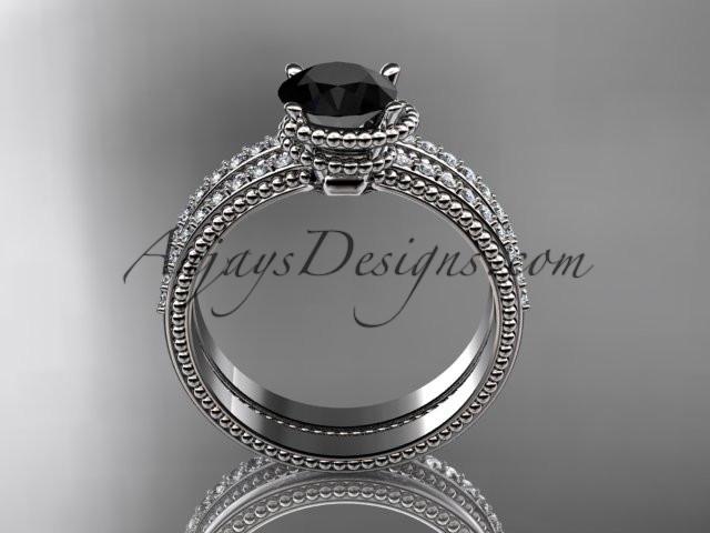 14kt white gold diamond unique engagement set, wedding ring with Black Diamond center stone ADER86S - AnjaysDesigns