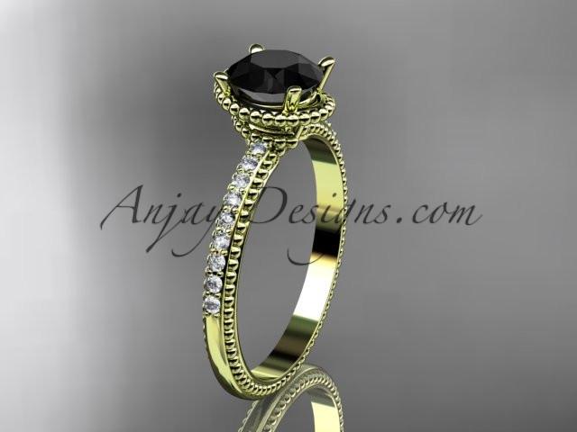 14kt yellow gold diamond unique engagement ring, wedding ring with Black Diamond center stone ADER86 - AnjaysDesigns